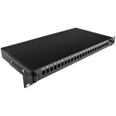 Патч-панель 24 порта SC-Simpl./LC-Dupl./E2000, пустая, кабельные вводы для 2xPG13.5 и 2xPG11, 1U, черная