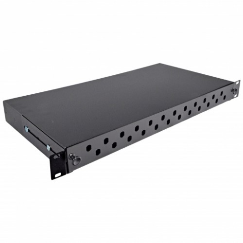 Патч-панель 24 порта ST/FC, пустая, кабельные вводы для 2xPG13.5 и 2xPG11, 1U, черная.